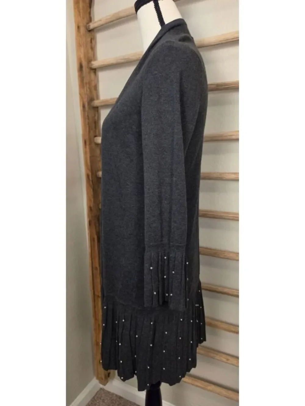 Chico's NWT Charcoal Gray Open Front Cardigan Pearl Pleated Bell Sleeve Sweater